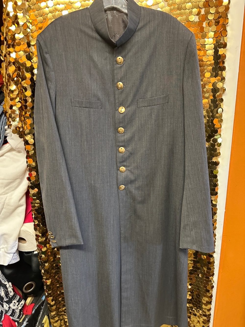 Source Unknown Men's Long clStand-Collar Coat in Charcoal Gray with Gold Buttons